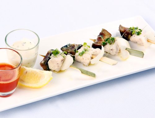 Sautéed Black Pepper, Lemon Chicken, Egg Plant Skewers w/ Superseed Oil ( Chili + Roasted Sesame ) & Cheese Fondue